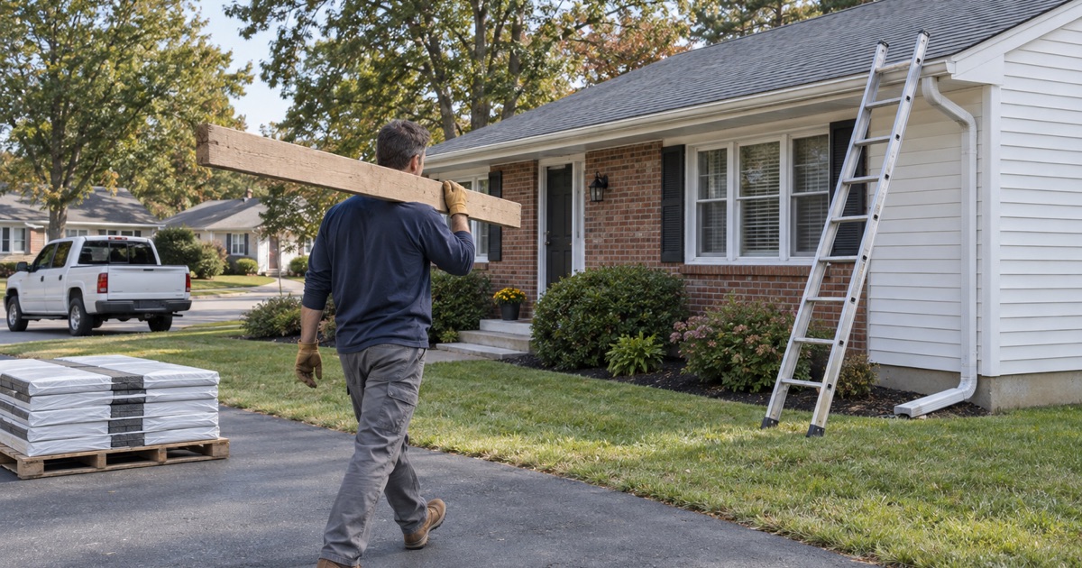 A roofer carrying a toe board plank across the driveway of a Toms River ranch at the start of a job.