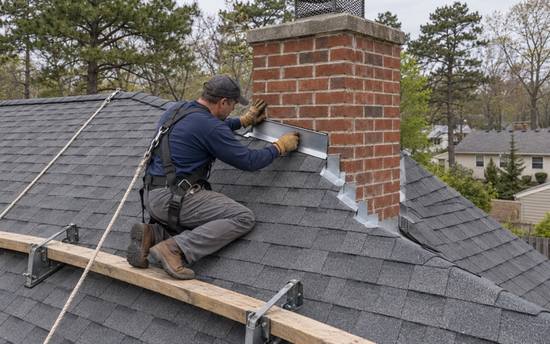 A roofer setting counter flashing into the mortar joint of a brick chimney on a Toms River ranch.