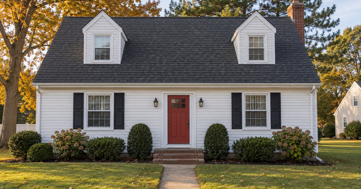 A finished new roof on a white Cape Cod with two dormers in Toms River Township in late afternoon light.