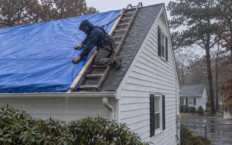 A blue tarp being battened over a damaged roof on a Toms River cape in steady rain.