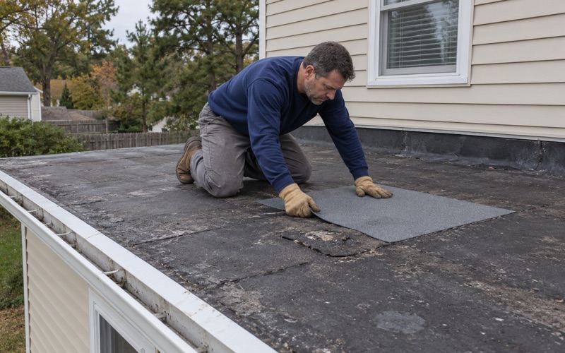 A self-adhered membrane patch being pressed onto a flat rear-extension roof of a Toms River house.