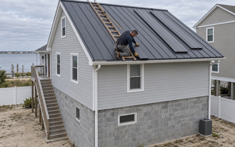 Standing-seam metal panels being hemmed at the eave of a raised bayside house in Toms River.