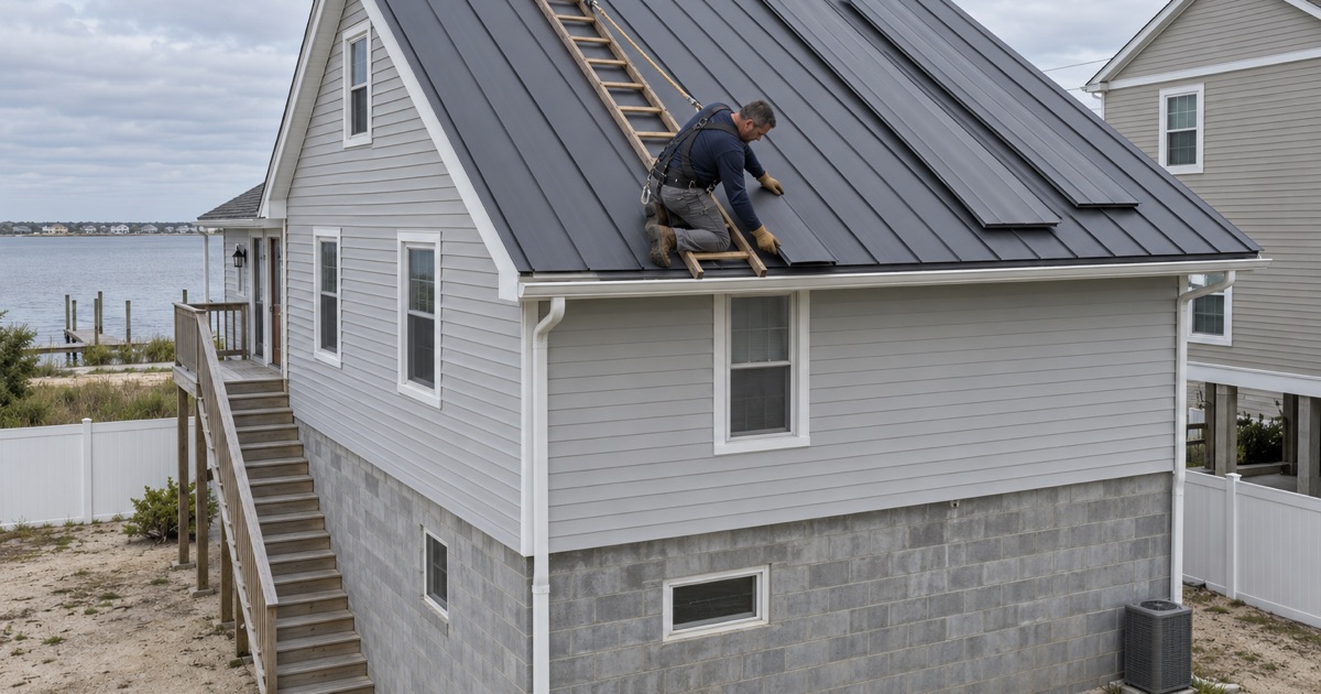 Standing-seam metal panels being hemmed at the eave of a raised bayside house in Toms River.