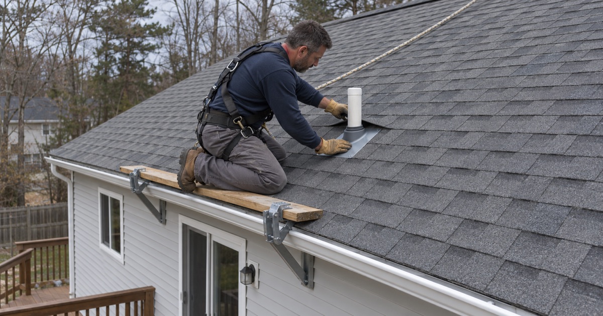 A roofer fitting a new pipe boot around a plumbing vent on the roof of a Toms River bi-level.