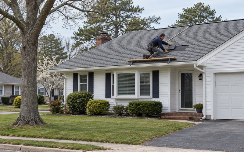 A roofer sliding a replacement shingle into a gap on the front slope of a Toms River ranch.