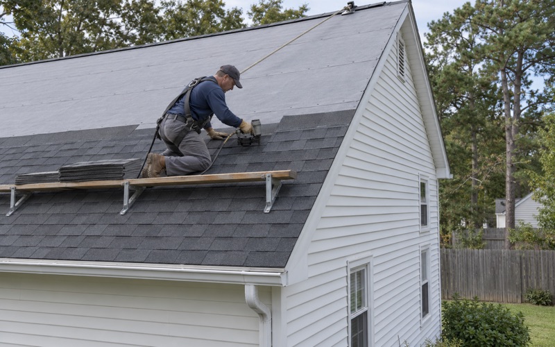 New architectural shingles being nailed over fresh underlayment during a full roof replacement on a Toms River colonial.