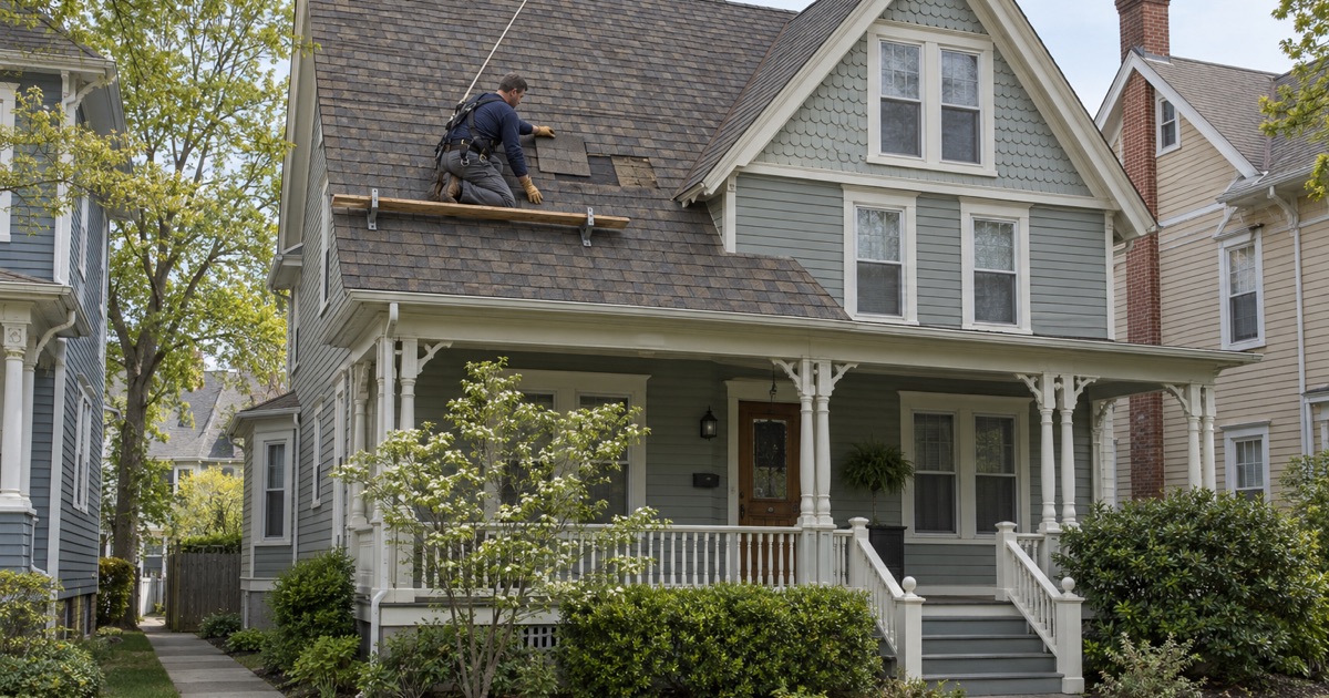A roofer holding a new shingle against the old courses to match its color on an Asbury Park Victorian.