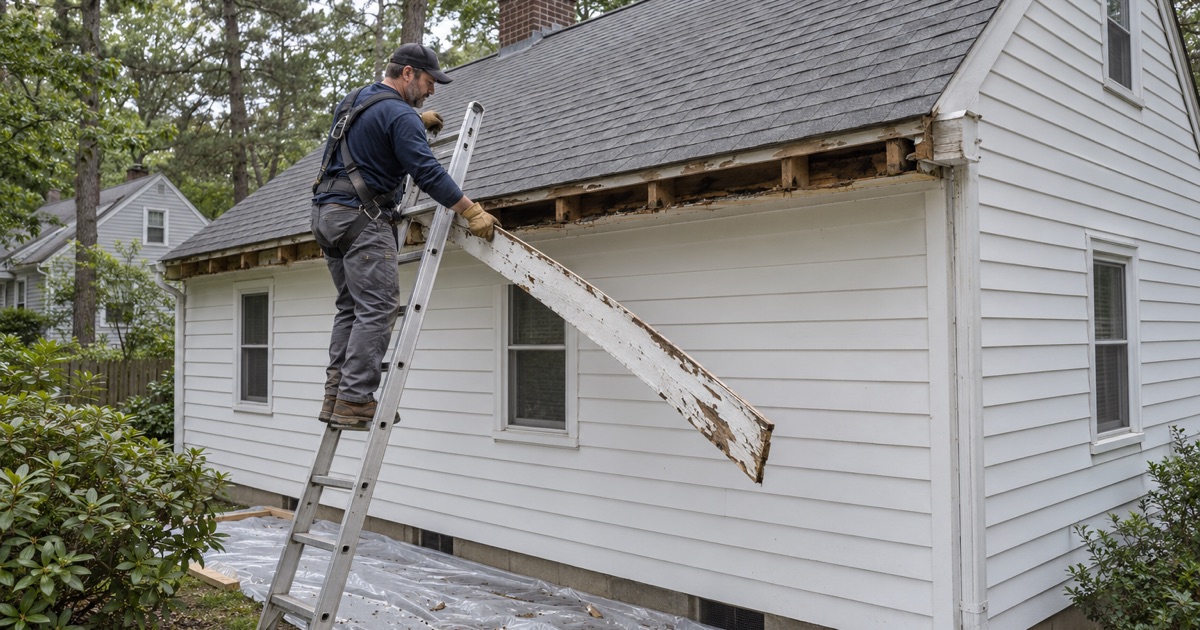 Old painted fascia being taken down over ground sheeting before a re-roof on a Beachwood cape.