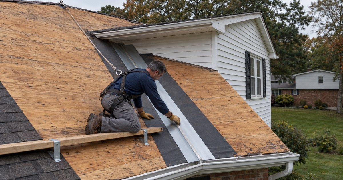 A roofer setting metal valley flashing where the upper roof of a Brick split-level drains onto a lower roof.