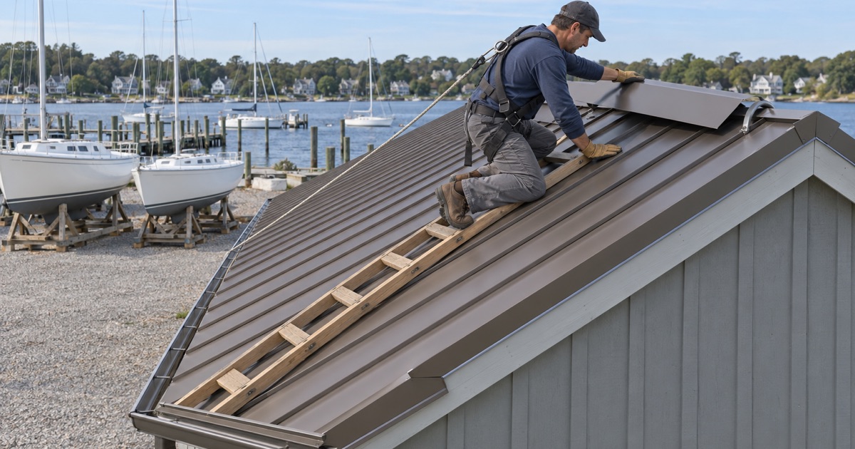 A roofer finishing the ridge of a dark bronze metal roof on a boat storage building in Brielle.