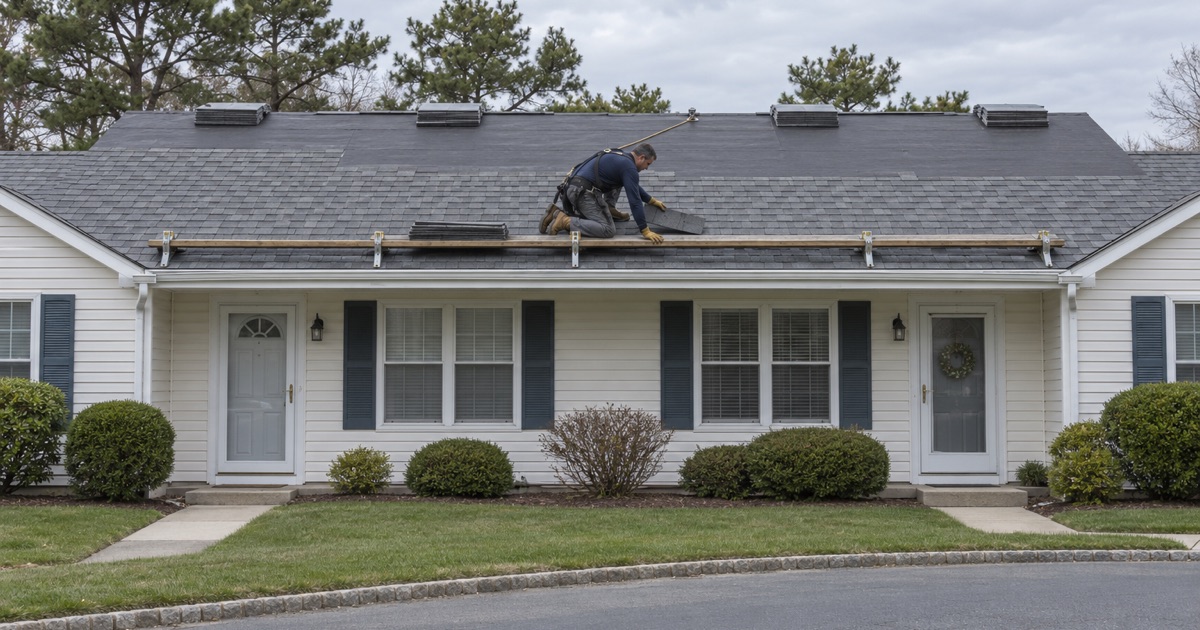 A roofer working across the shared roof of a co-op duplex building in Crestwood Village.