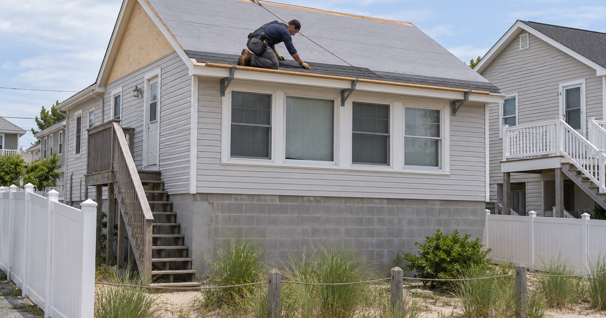 A roofer starting new shingles at the eave of a raised Chadwick Beach cottage, re-roofed on its original roofline.