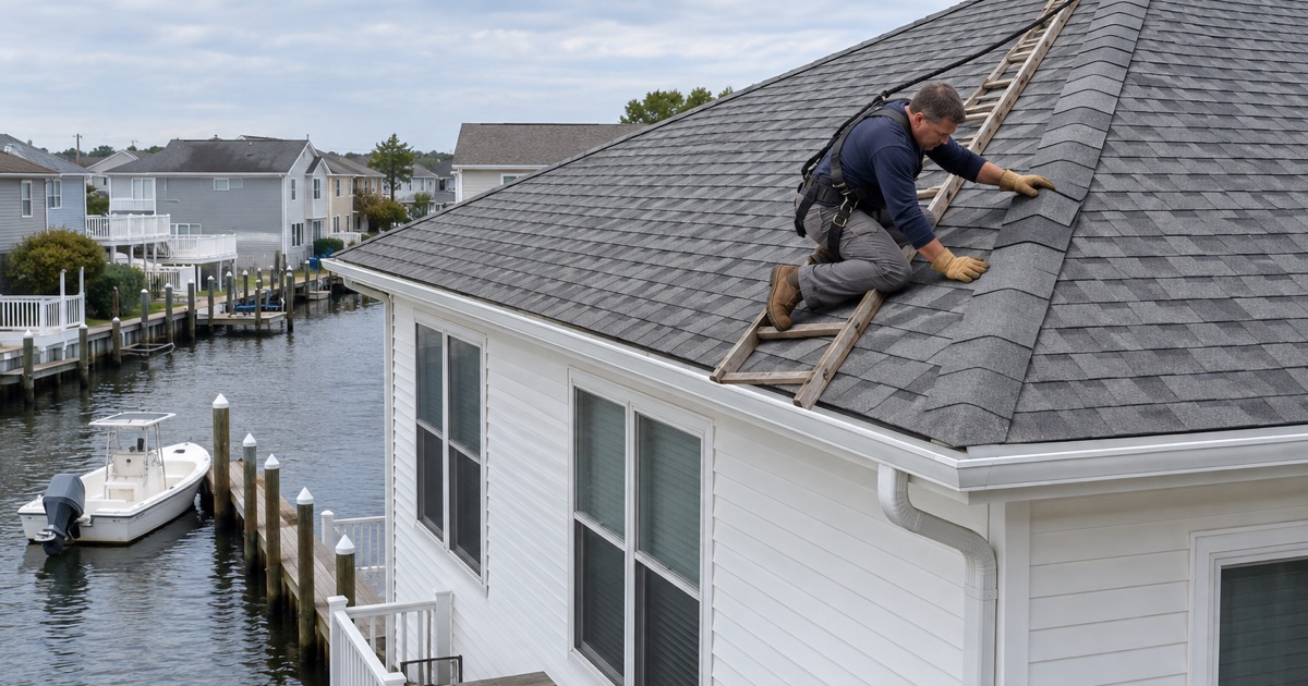 A roofer capping the hip of a shore house roof near Ortley Beach.