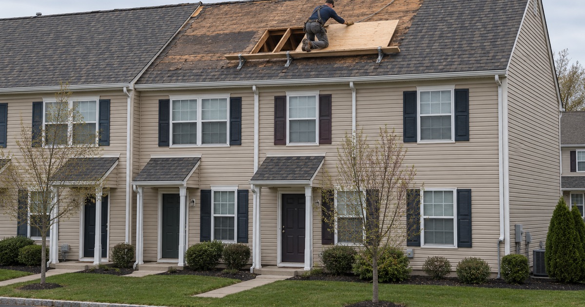Deck repair on the long shared roof of an attached building in Eatontown.
