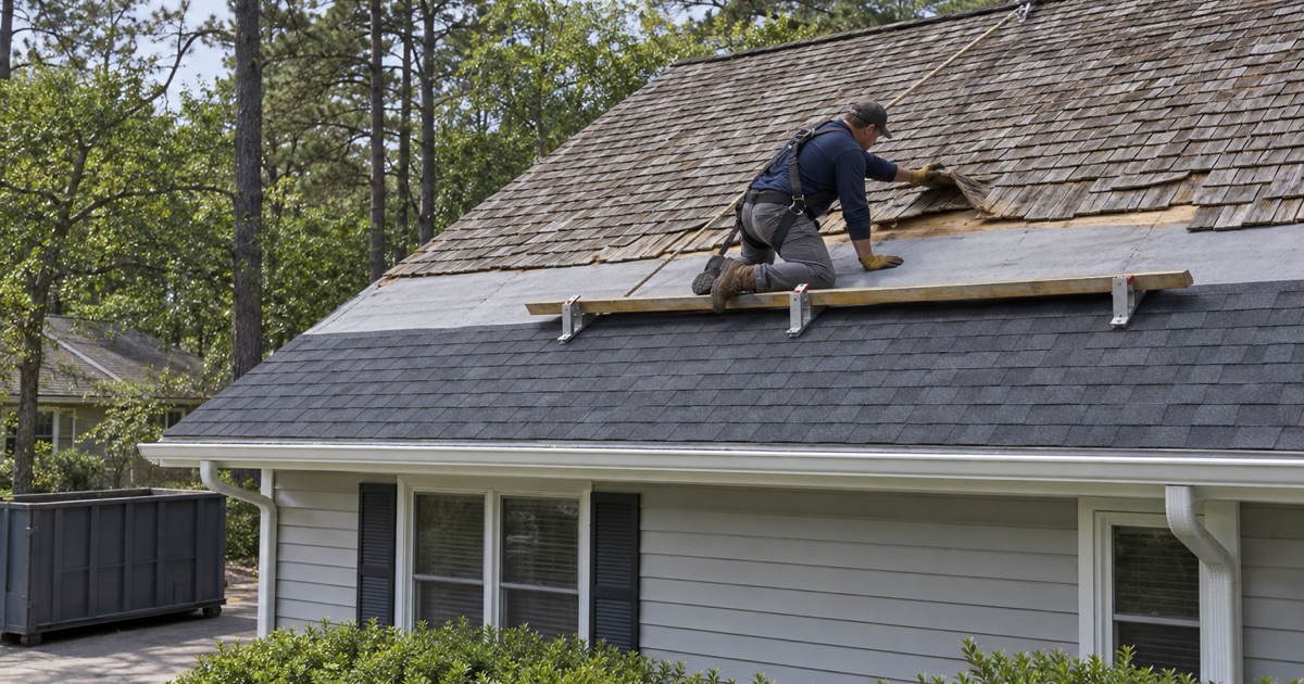 Old cedar shakes being stripped from a Lacey ranch so the slope can be re-covered in asphalt shingles.