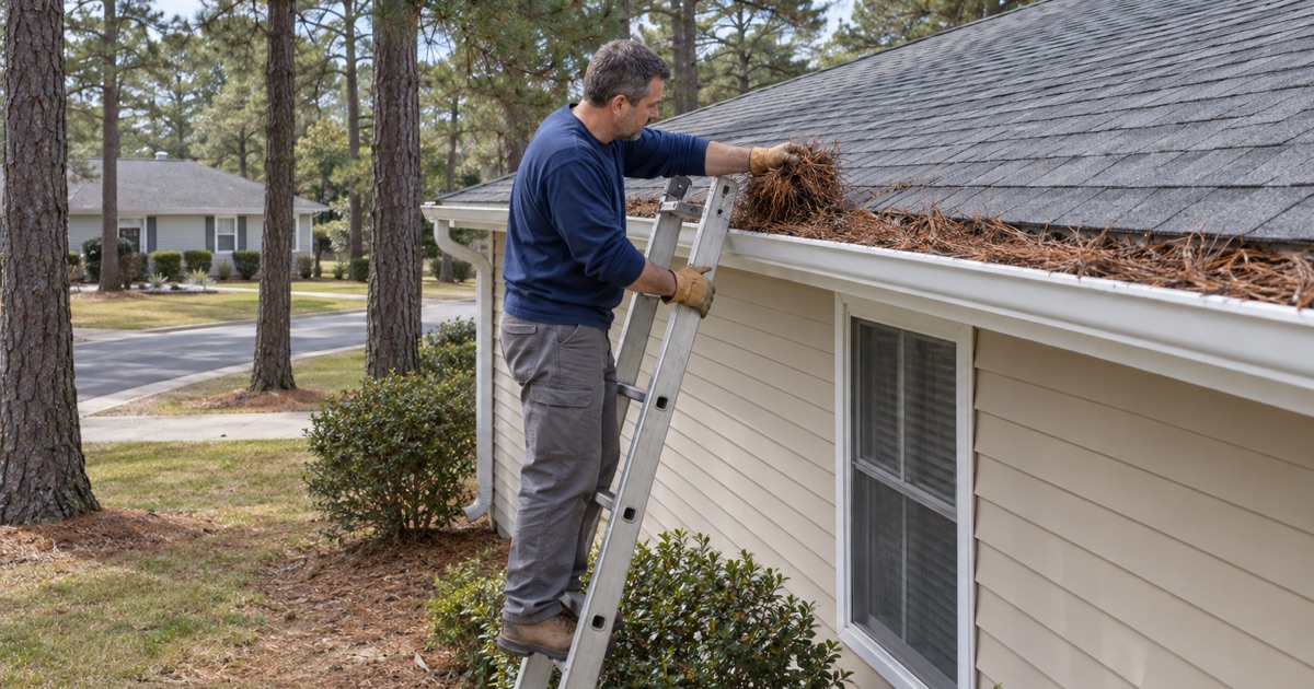 A roofer clearing pine needles out of a gutter at the eave of a one-story Leisure Knoll home under pitch pines.