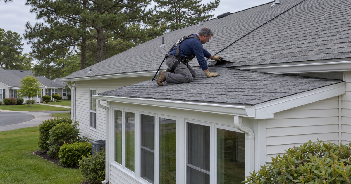 A roofer tying a sun porch roof into the main roof of a one-story attached home in Leisure Village West.