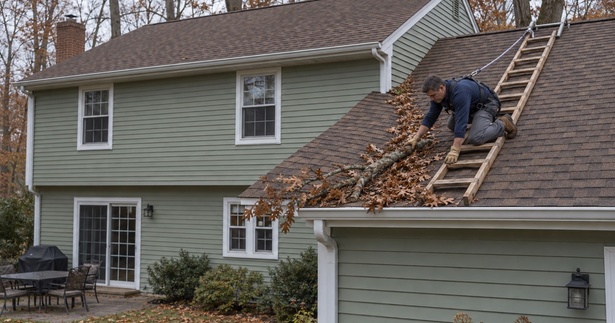 A roofer clearing a fallen oak branch off the roof of a wooded-lot house in Millstone Township.