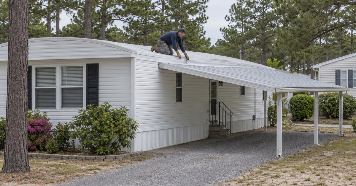 A roofer kneeling on the low metal roof of an older manufactured home at Pine Ridge at Crestwood, beside its carport roof.