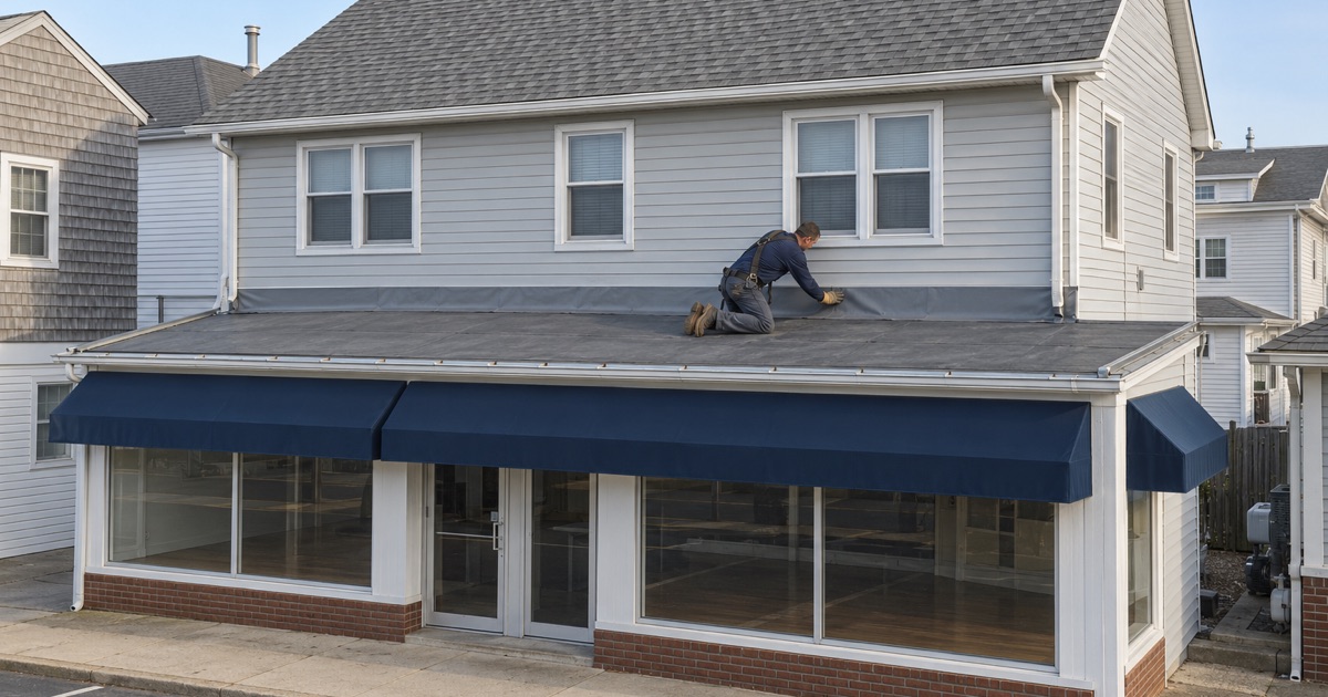 A roofer sealing the flat storefront roof below a second-floor apartment on a Point Pleasant Beach shop building.