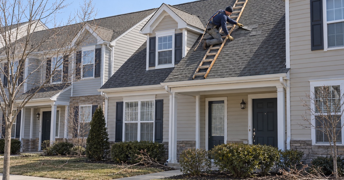 A roofer checking wind-creased shingle tabs on a townhome row in Robbinsville after a windstorm.