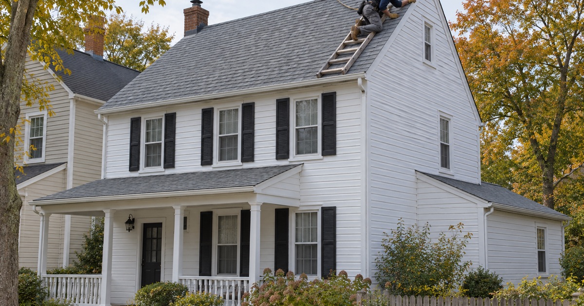 A roofer trimming new shingles flush at the rake of a nineteenth-century gable house in Vincentown.