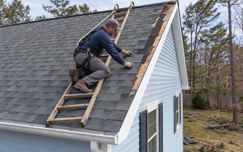 A roofer laying new shingles where wind tore a strip off the rake edge of a Toms River colonial.