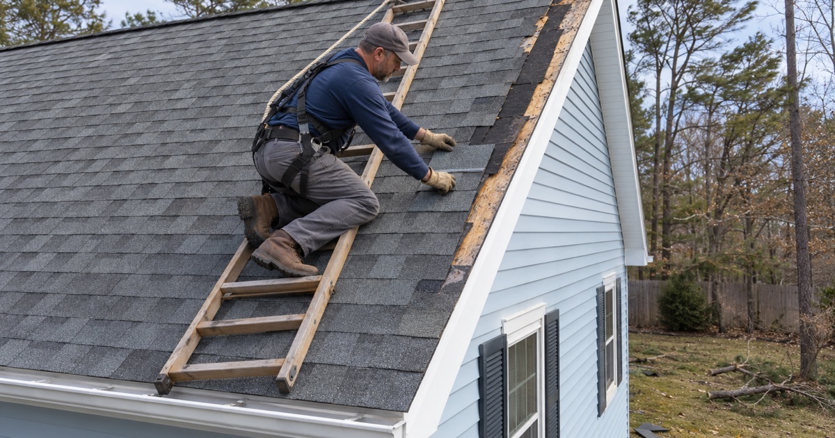 A roofer laying new shingles where wind tore a strip off the rake edge of a Toms River colonial.